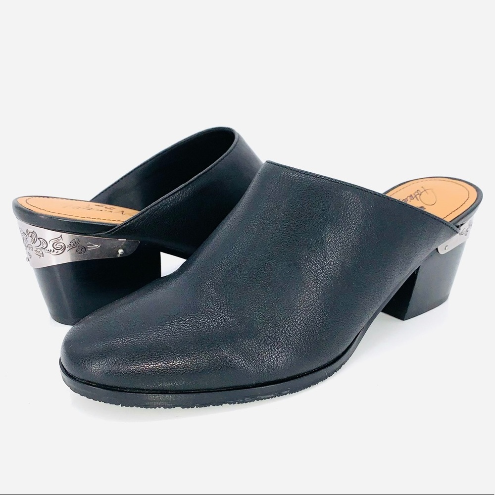 Patricia Nash Black Leather Mules with Decorative Silver Accent